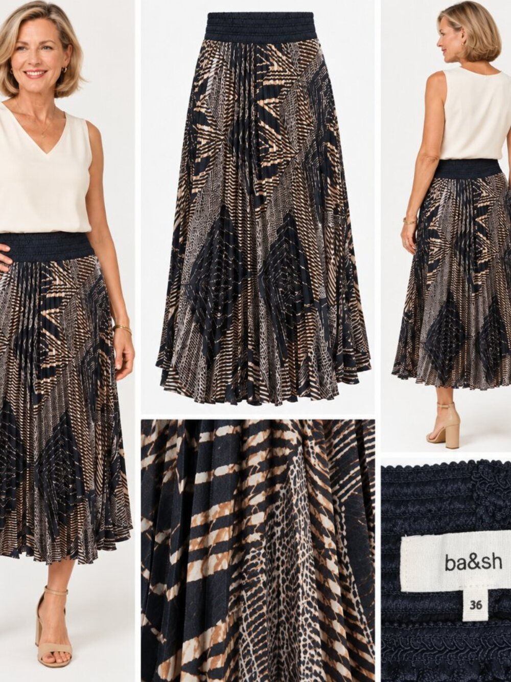 Ba&sh Abstract Print Pleated Midi Skirt Sz 36 Boho Parisian Smocked Waist A-Line